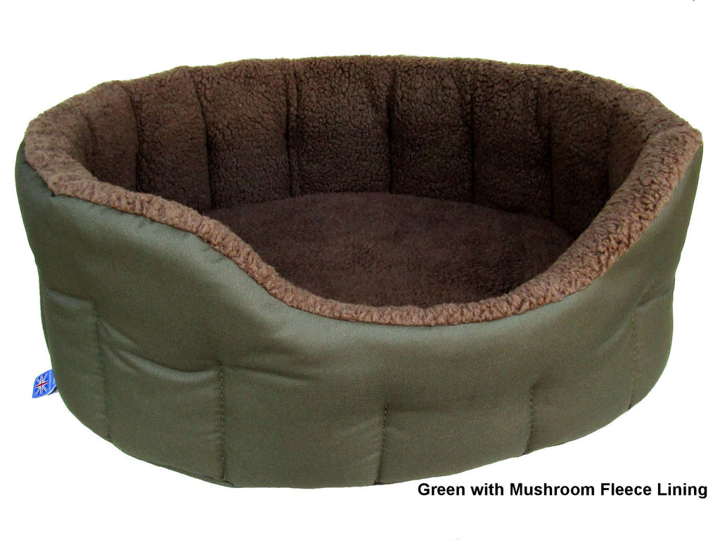 P&L COUNTRY DOG PREMIUM OVAL BOLSTER STYLE HEAVY DUTY FLEECE LINED MACHINE WASHABLE DOG BEDS GREEN WITH MUSHROOM FLEECE